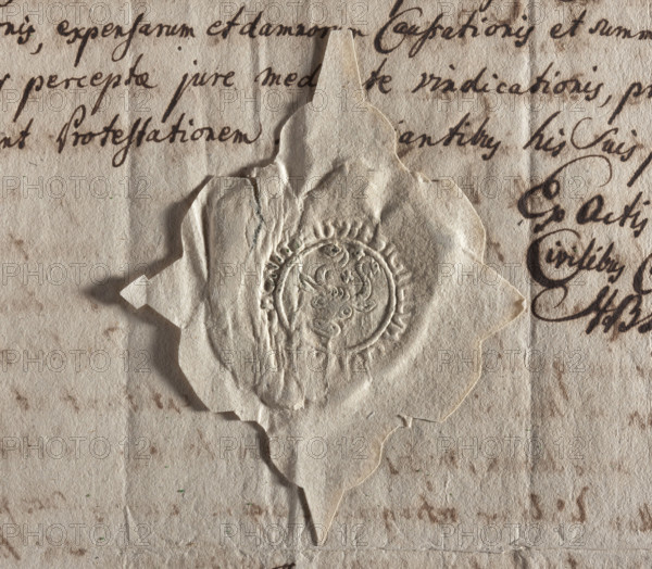Round seal impression of the town of Chojnice. Ox head with curled horns. Between the horns and on the sides a star. In the rim an inscription: SIGILLUM CIVI, CHONITZ 1593. 1593. Poland. Seal.