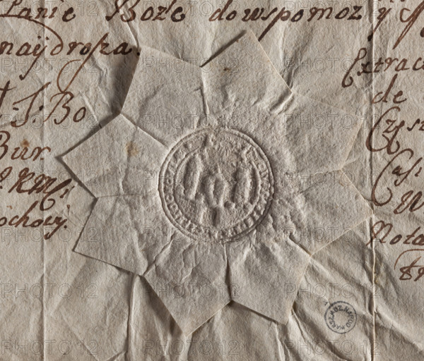Round seal impression of the city of Czestochowa. Fortress wall with a closed gate and two side towers. Above the right tower a lion, above the left a raven. Inscription on the rim: CIVITATIS . S : R : M : CZESTOCHOVIAE. 1755. Poland. Seal.