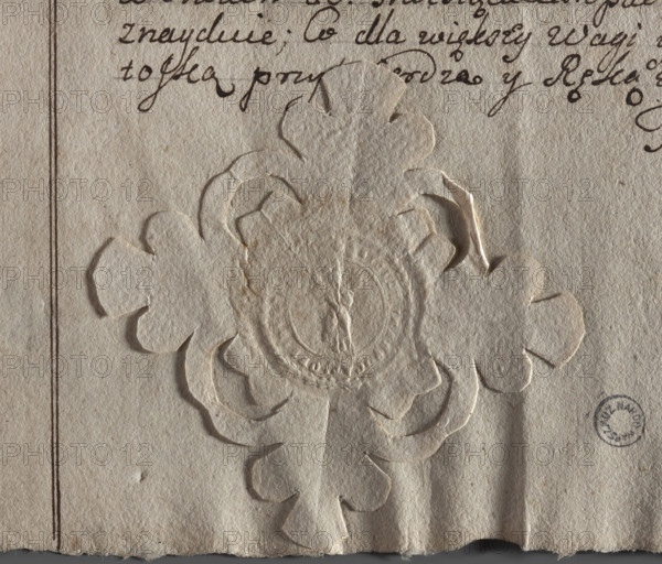 Round seal impression of the town of Czempin, Poznan Voivodeship, Koscian County. Standing angel in a prayerful pose. Inscription around the rim: SIGILLUM . ADVOCATI . OPPIDI, 1781. Town seal of Czempin; document seal; round seal impression; seals with religious symbols; angel (iconographic); Poland.