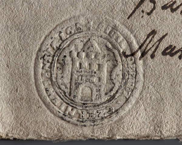 Seal impression of the town of Czerniejów (1654). Fortress tower with an open gate, five battlements and five windows. Rim inscription: 'SIGIL : OPPIDI : CZERNIEWIENSIS 1654'. Poland. Seal; dimensions: 24 mm and 26 mm. Maker: Witold Zurakowski (?-1927) noted. Seals attached to documents; seals with an architectural structure; official city seal.
