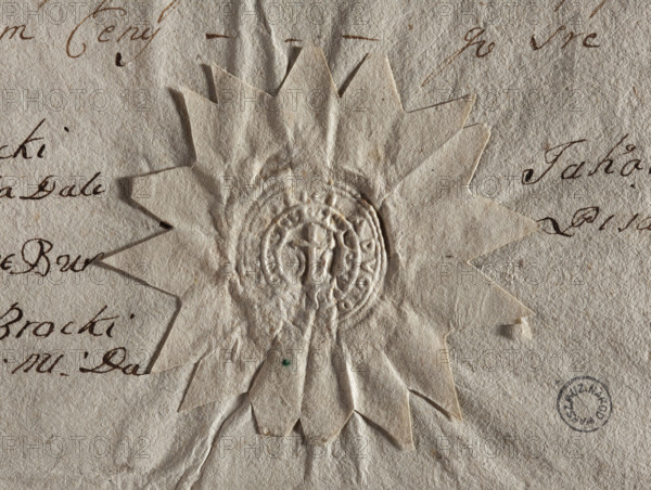 Round seal impression of the town of Daleszyce, Sandomierz Voivodeship, Checiny County. In the decorative rim, a cross with two moons on a pole — the Ostoja coat of arms. In the rim, an inscription: SIGI . ADVO . D, ., 1778. Poland. Seal.
