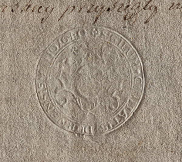 Round seal impression of the town of Dubno, Volhynian Voivodeship. Among stylized plants, the coat of arms of the Ostrogski princes. In the rim, the inscription: SIGILLUM . CIVITATIS . DUBNENSIS ANNO 1640. 1640, Poland, city seal of the town of Dubno, city seals, official seal, document seal, seals with coats of arms, round seal, seal impression.