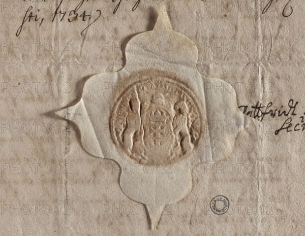 Round impression of the city seal of Gdansk. In an oval cartouche supported by two lions is the coat of arms of Gdansk. Illegible inscription on the rim. 1667, Poland. Maker: Zurakowski, Witold (?-1927). Seals attached to documents; round impression; official city seal.