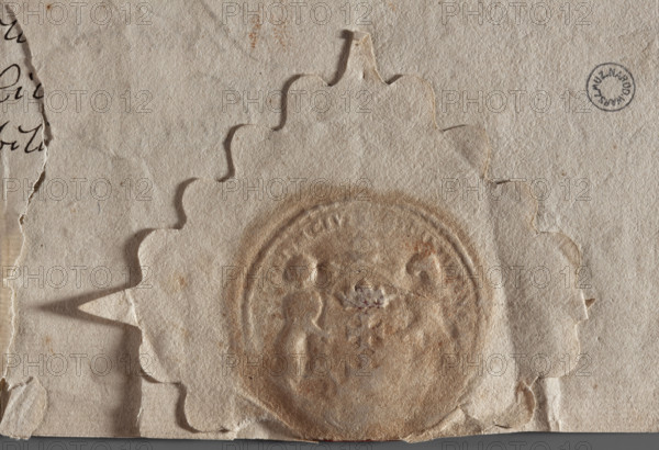 Round impression of the seal of the city of Gdansk. In an oval cartouche, supported by two lions—the coat of arms of Gdansk. Illegible inscription on the rim. 1667, Poland.