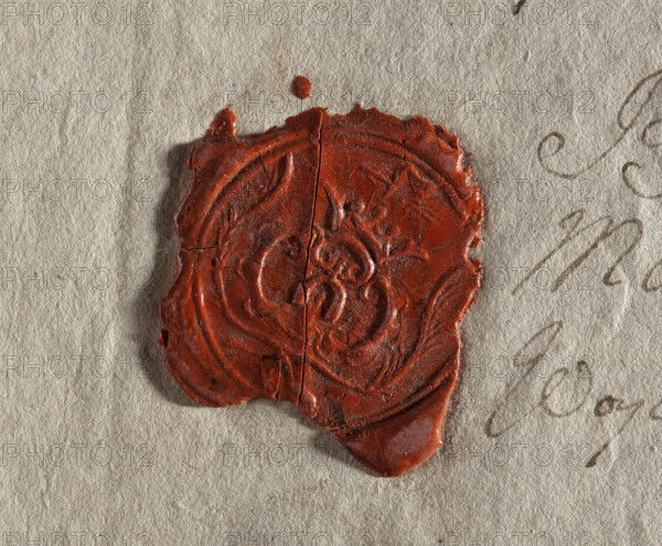 city seal of the town of Gniewoszów. Seals attached to a document issued jointly by the towns of Gniewoszów and Granica, bearing the wax impression of the seal of Gniewoszów. In a decorative crowned cartouche, the Dolega III coat of arms with a jewel above the crown; the cartouche is surrounded by two palm branches. 1781, Poland.