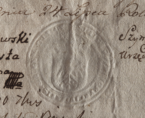 Round seal impression of the town of Gniezno. On the crowned shield a single-headed eagle. Illegible inscription on the rim. 1745, Poland, city seal of the town of Gniezno, official seal, city seal, seal with the town's coat of arms, document seal, seal with an eagle, Zurakowski, Witold (?-1927), round seal impression