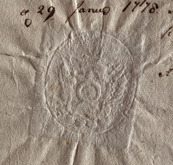 Oval seal impression of the Grabowo town seal. On the shield, the Nalecz coat of arms with a jewel above the crown. Behind the shield, a panoply. Illegible inscription on the rim. 1778, Poland. Seal. Dimensions: 1.38 mm × 2.44 mm.
