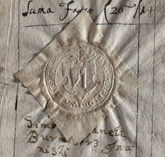 Round seal impression of the town of Iwaniska. On the decorative shield the Topór (Axe) coat of arms facing right. In the rim the inscription: SIGILLUM OPPIDI IWANISKA, 1673. Poland.