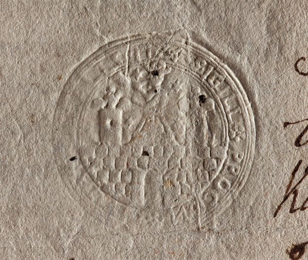 Round seal impression of the city of Kalisz. On the wall with an open gate there is a figure with a hunting horn. On the sides are two towers topped with battlements. Illegible inscription around the rim: SIGILL + PROCON +. 1725, Poland.