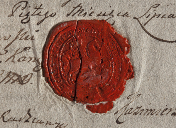 Oval wax impression of the seal of the town of Kamieniec Podolski. In the pearl-shaped rim: St. George on horseback, turned to the left, slaying a dragon. In the rim a partially illegible inscription: * SIGILLUM CIVITTIS, CAMENECEN POD., 1786. Poland, stamp, dimensions 29.5 mm and 31 mm.