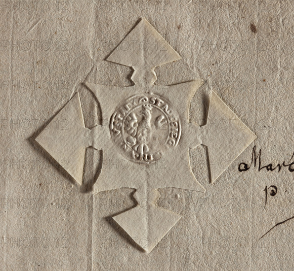 Round seal impression of the town of Kargowa. Crowned single-headed eagle with a shield on its chest. On the shield a lion rising to the left, chipped emblem of the Unrug coat of arms. In the rim an inscription: STADT SIEGEL IN . VN RVSTADT. 1781, Poland.