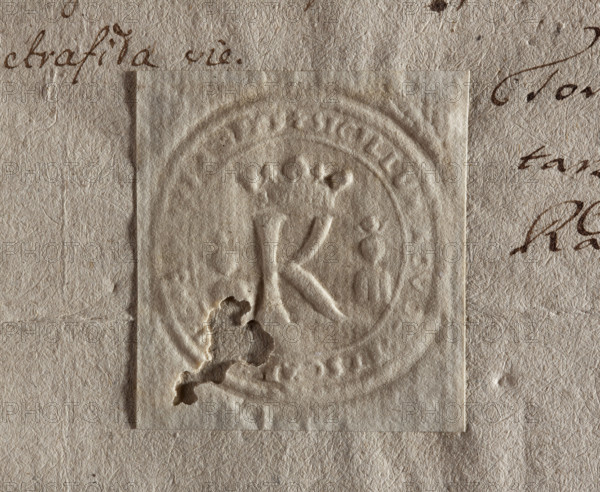 Imprint of the seal of Kazimierz. Under the royal crown, the letter K. On the sides, two busts with the image of Casimir the Great. In the rim, the inscription: + SIGILLUM ADVOC, +, 1788. Poland. Seal. Dimensions: 37 mm and 39 mm.