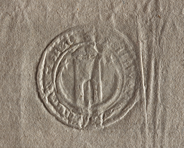 Round seal impression of the city of Kazimierz Dolny. On a crescent with illuminated stars at the corners, a tower with an open gate, without doorways, topped with a ridge roof. Illegible inscription on the rim. 1792, Poland.