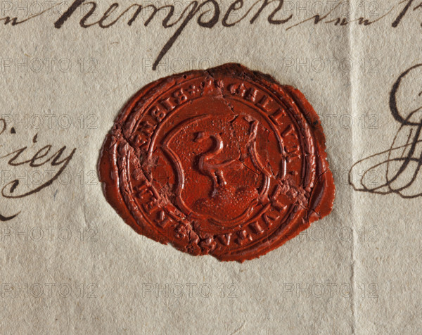 Round seal impression of the town of Kepno, Sieradz Voivodeship. In the field of the seal, a three-arched coat of arms. On the shield, a swan facing right, standing on a hill. Around the rim, an inscription: + SIGILLUM . CIVITATIS ., SIS +, 1802, Poland.