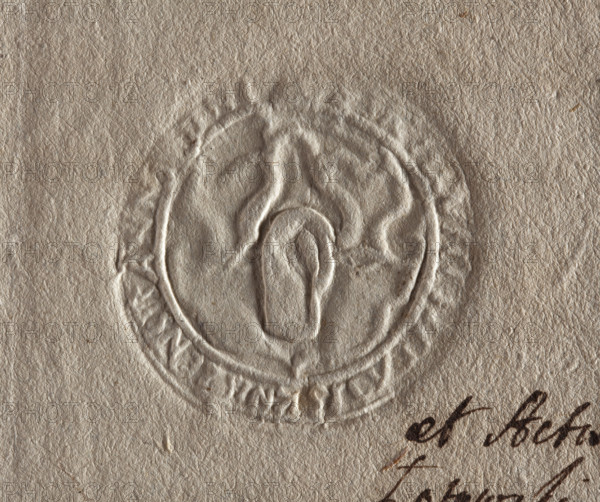 Round seal impression of the town of Knyszyn, Podlaskie Voivodeship. On the shield an outline of an ox's head. Illegible inscription on the rim. 1708, Poland. Seal.