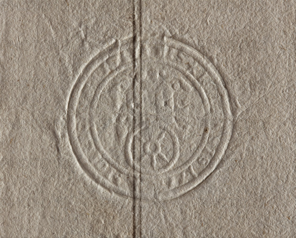 Round seal impression of the town of Kolo, Kalisz Voivodeship. In the field of the coat of arms are two towers with pointed roofs and a wheel with eight spokes. Illegible inscription on the rim. SIGILLUM * CIVITATIS * KOLENSIS 1776. 1776, Poland. Maker: Zurakowski, Witold (?-1927). Seal attached to a document; round seal impression; official city seal.