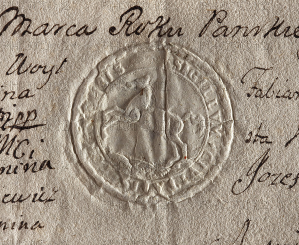 Round imprint of the seal of the town of Konin. In the field of the seal a running horse, turned to the right. Inscription around the rim: + SIGILLUM + CIVITATIS + CONIENSIS +. 1776. Poland. Seal; city seal of Konin; seals attached to documents; official seal; town coat of arms.