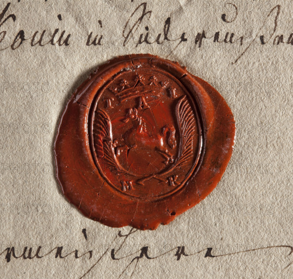 Oval wax seal of the town of Konin, Kalisz Voivodeship. A horse running to the right. Above it a noble crown, below it the letters TAL. On the sides two palm branches, below the letters MK (City of Konin), dated 1803, Poland; seal; dimensions: 23.5 mm and 27.5 mm.