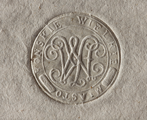 Round seal impression of the town of Konskie Wielkie with the monogram of the Chancellor JMK (Jan Malachowski, Chancellor). In the rim there is an inscription: 'CITY KONSKIE WIELKIE'. 1797, Poland.
