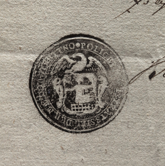 city seal of the town of Kutno; round ink print of the seal of the town of Kutno. In the cartouche a wall and a figure sitting on it; above the shield a Prussian eagle. In the rim an inscription: POLICEI, ISTRAT SIEG DER, KUTTNO. 1803. Poland. seal; city seals; seals with coats of arms; official seals; document seals; visual documentation.
