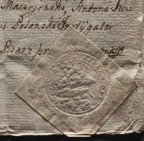 Round seal impression of the town of Ladek, Kalisz Voivodeship. Illegible. 1779. Poland. City seal of the town of Ladek; city seals, official/state seals; document seal. Maker: Zurakowski, Witold (?-1927). Cultural visual documentation 2014/2015.