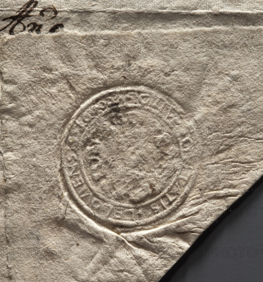 Round seal impression of the town of Lelów, Krakow Voivodeship. In the central field an illegible drawing. In the rim an inscription: SIGILLUM . CIVITATIS . LELOVIENSIS 1600. Date: 1600. Poland. Seal; city seal of the town of Lelów; official seal with coat of arms; document seal.