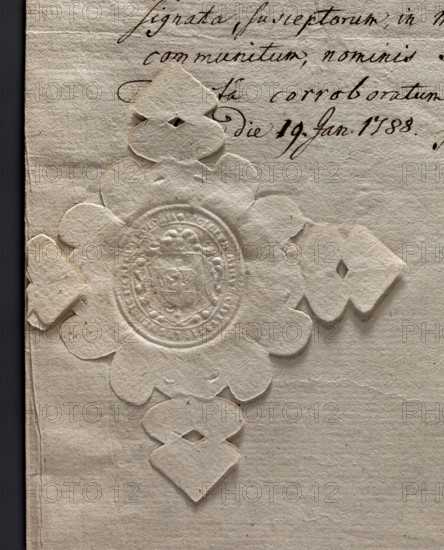 Oval seal impression of the town of Leszno in Greater Poland. In the middle of the baroque shield, a smaller one showing a wall, and above it a half eagle—the Sulima coat of arms. At the top, the date 1741. Inscription around the rim: 'SIGILLUM MINUS CIVITATIS LESNENSIS IN MINORI POLONIA.' 1741. Poland. Seal. Dimensions: 33.5 mm and 37 mm.