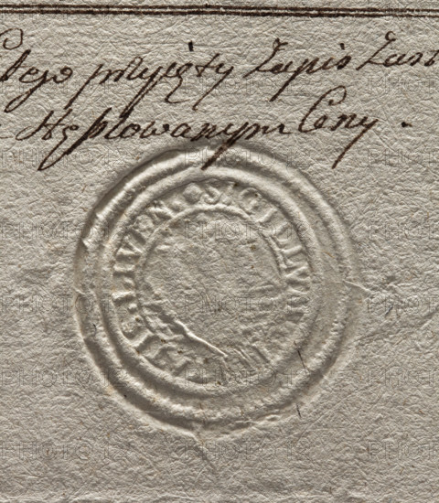 Round seal impression of the town of Liwa. City wall with three towers. Inscription around the rim: SIGILLUM CIVITATIS LIVEN. 1781, Poland.