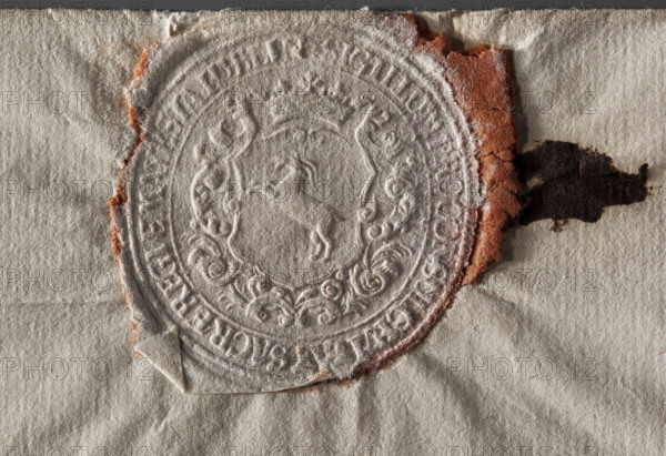 Round imprint of the seal of the city of Lublin. In a decorative cartouche under a nobleman's crown, a goat jumping to the right. In the rim, the inscription: SIGILLUM PROCONSUL CIVITAT SACRAE REGIAE MAYESTA LUBLIN. 1772, Poland.
