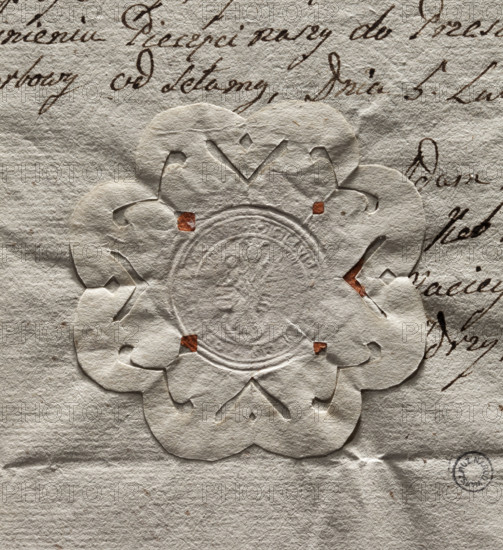 Round seal impression of the town of Lagów. In the central part, a depiction of the Virgin Mary with Child standing on a crescent. Around the rim, an illegible inscription SIGILLUM, ., 1779, Poland, stamp. Seals with the image of a saint; seals with religious symbols; official seal; city seal of the town of Lagów; seals attached to documents; Zurakowski, Witold (?-1927); Culture + 2014/2015 - visual documentation.