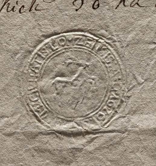 Round seal impression of the town of Lomza. In the central part a deer facing left. In the rim an inscription: CIVITATIS LOMZENSIS AD 1670. Dated 1670. Poland. Official city seal of Lomza; document/round seal, maker: Witold Zurakowski (?-1927) noted.