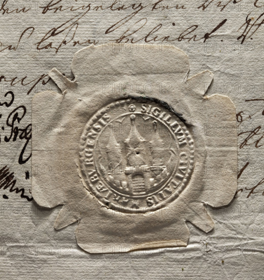 Round dry impression of the seal of the town of Malbork made on a three-page document. In the inner string ring there are city walls with battlements and a gate closed with a portcullis. Above the gate there is a tower with a conical roof topped with a ball, on its sides there are two identical towers, slightly smaller. In the ring there is an inscription: *SIGILLUM CIVITATIS MARIAEBVRGENSIS*. 1771, Poland, city seal of the town of Malbork, city seals, official seals, seals with the town’s coat of arms, seals with an architectural structure, seals attached to documents, seal