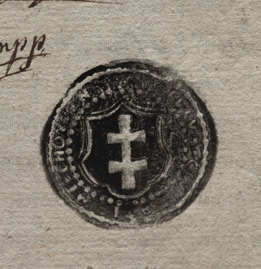Round ink impression of the city seal of Miechów. In a baroque cartouche a double cross. Rim inscription: MIECHOWIEN. Round ink impression of a seal on a decorative oval shield with a double cross; rim inscription illegible. 1789, Poland.