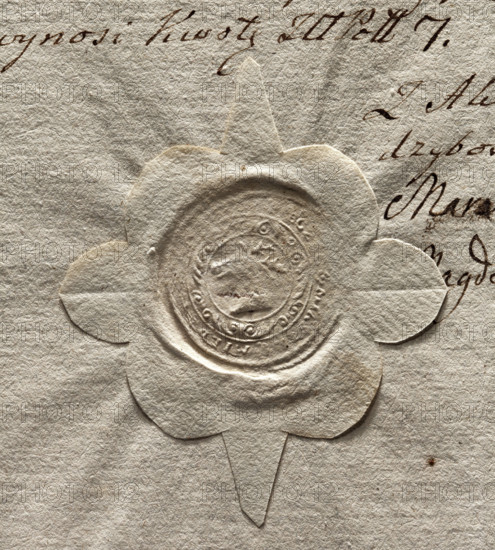 Round seal impression of the city of Miedzybórz. In the decorative rim a deer's head turned to the right. Illegible inscription in the rim. 1782, Poland, city seal, official seal, seal with coat of arms, document seal.