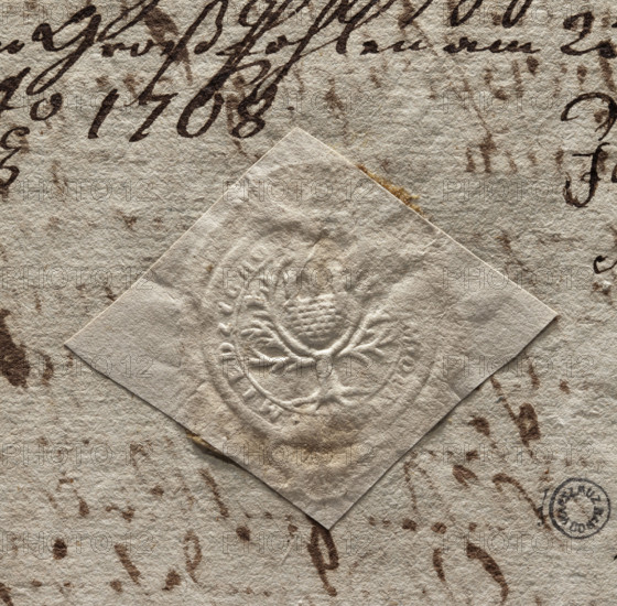 Round seal impression of the city of Miedzychód. Among the branches of a tree with marked roots — a wall with three towers. Illegible inscription on the rim: M OPP, MIEDZYCHOD., 1768, Poland. Seal; city seal of Miedzychód; seals attached to documents; seals with city walls; seals with the city coat of arms; official seal; Zurakowski, Witold (?-1927); round seal impression; date 1768.