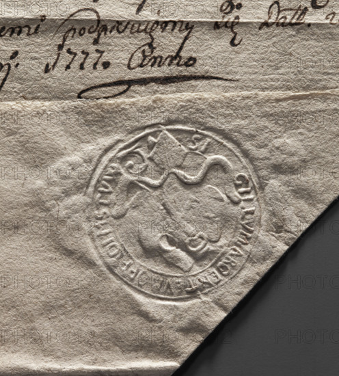 Round seal impression of the town of Mstów. Under the bishop's mitre, a baroque cartouche with two crossed keys. In the rim, an inscription: SI GILLUM ARGENTEUM OPPIDI MSTVW, 1777, Poland.