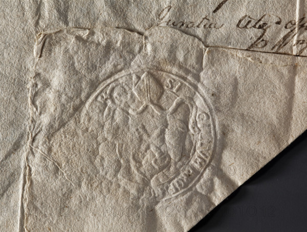 Round seal impression of the town of Mstów. Under the bishop's mitre, a baroque cartouche with two crossed keys. In the rim, the inscription: SI GILLUM ARGENTEUM OPPIDI MSTVW, 1777, Poland.