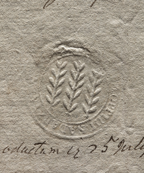 Round imprint of the seal of the town of Nadarzyn. Three vertically positioned branches. Illegible inscription in the rim: OPPIDI NADARZYN . 1793. Poland. Seal attached to a document; round imprint used as city seal (official town coat of arms). WQXBCFS