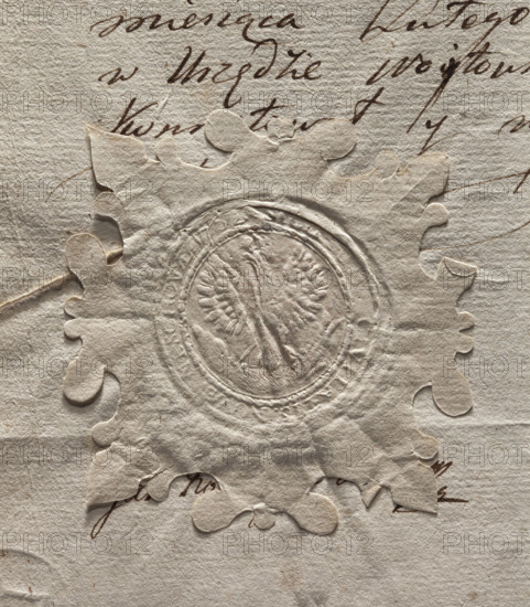 Round seal impression of the town of Nieszawa. A crowned eagle holding a large fish in its talons. Inscription on the rim: CIVITATIS NOVAE NESCHOVAE 1752. 1752. Poland. Seal; city seal of Nieszawa; seals with the town's coat of arms; seals with an eagle; official/document seal. WQXBCFS