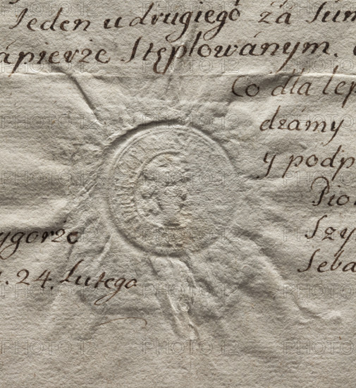 Round seal impression of the town of Nowa Góra, 1778. Round seal with the town's coat of arms; the drawing and the rim inscription are illegible. Maker: Zurakowski, Witold (?-1927). Materials/subject: city seal, document seal; Poland.