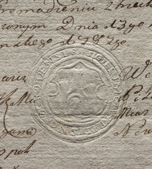 Round seal impression of the town of Nawogród. In a Baroque cartouche, a wall with a gate and three towers. In the rim, the inscription: SIGILLUM CIVITATIS NOVOGRODENSIS, 1782, Poland.
