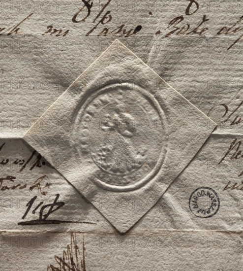 Oval seal impression of the town of Nowy Targ, Kraków Voivodeship. St. Catherine of Alexandria in a halo, with a sword and a cogwheel on the right side, holding a palm branch in her left hand — attributes of a martyr's death. Illegible inscription on the rim. 1753. Poland. Seal. Dimensions: 1) 27 mm; 2) 30.5 mm.