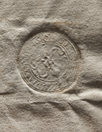 Round seal impression of the town of Ogrodzieniec. Two lilies joined by a ring — the Bonarowa coat of arms. Illegible inscription on the rim. 1780, Poland, city seal; official seal; document seal; round seal impression; seals with coats of arms; maker: Witold Zurakowski (?-1927).