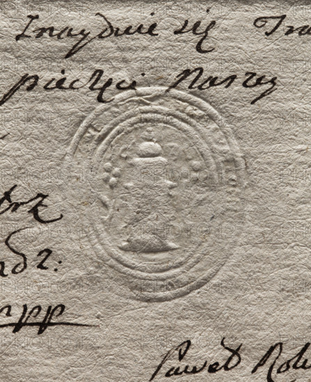 Oval seal impression of the town of Opatówka. Illegible drawing, probably a tower topped with a flattened ball, branches on the sides. Illegible rim inscription. 1789, Poland, seal; dimensions 1: 28 mm, dimensions 2: 33 mm.