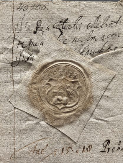 Round seal impression of the town of Osiek. On a decorative shield divided into a column: in the left part a half-eagle, in the right part a double Jagiellonian cross, both figures pierced on the hand. Above the shield an inscription: OSIEK, 1673. Poland.