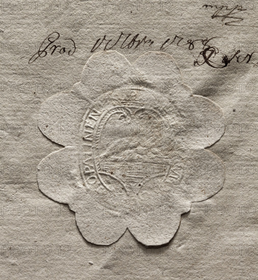 Oval seal impression of the town of Opalina. In the decorative crowned cartouche, an illegible drawing. An illegible inscription in the rim. 1788, Poland, seal, dimensions 1.37 mm, dimensions 2.42 mm