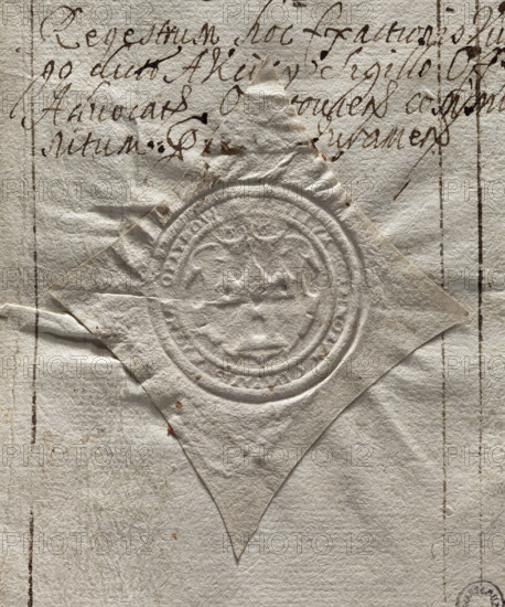 Round seal imprint of the town of Opatów, Sandomierz Voivodeship. In a decorative cartouche there is a tower with an open gate without doors. In the upper part of the tower on the sides there are two small turrets with flags. Around the rim is the inscription: CIVITATIS, OPATHOW., 1673. City seal of the town of Opatów; round stamp; seals attached to documents; seals with the town coat of arms; seals with town walls; official seal; maker: Zurakowski, Witold (?-1927) — 1673; Poland.