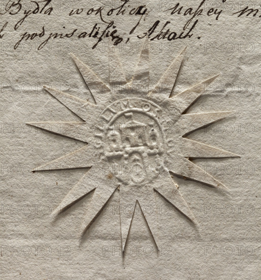 Oval seal impression of the city of Ostrowiec. City walls with three towers with flags on the roofs and an open gate. The Ostrogski coat of arms in the gate. Inscription around the rim: SIGILLUM OSTROV · 1792. Poland. Seal. Dimensions: 28 mm; 31.5 mm. WQXBCFS