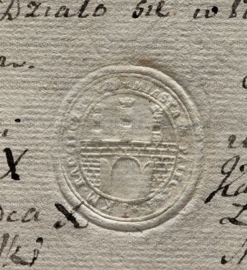 Oval seal impression of the town of Pajeczno. City wall with an open gate and three towers topped with crowns with three finials each. Inscription around the rim: *IKM * RADZIECZ, A * MIASTA * PAIECZNA *, 1776. Poland; seal; dimensions 1: 30 mm, dimensions 2: 32 mm.
