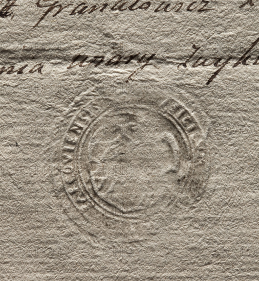 Round seal impression of the town of Parczew. The drawing of a deer on the shield is illegible. In the rim is the inscription: SIGILLUM, PARCOVIENSIS., 1788, Poland, city seal of the town of Parczew, city seals, official seal with coat of arms, document seal.